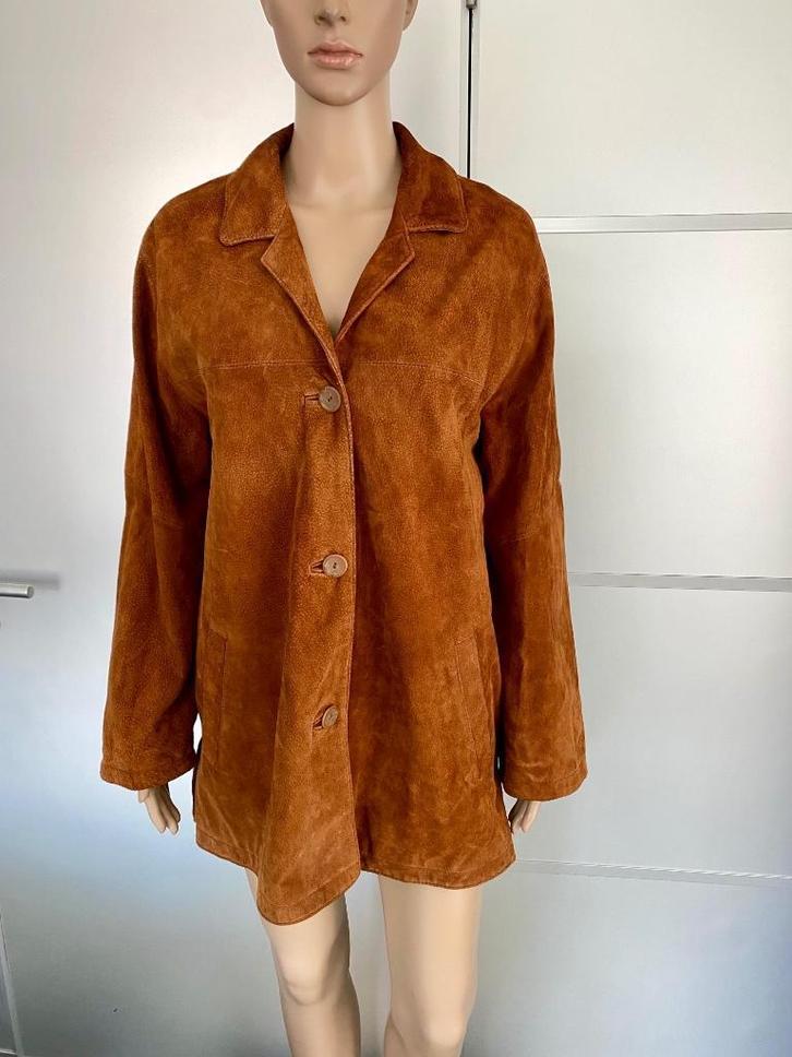 J527 Echt-suede-leren lang jasje maat 42=L blazer jas bruin, Kleding | Dames, Jasjes, Kostuums en Pakken, Zo goed als nieuw, Jasje