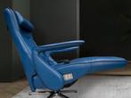 Prominent accu relaxfauteuil blauw leder elektrische design, Huis en Inrichting, Fauteuils, Ophalen, Zo goed als nieuw, 50 tot 75 cm