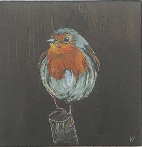 Schilderij roodborstje op gebruikt hout, Antiek en Kunst, Kunst | Schilderijen | Modern, Verzenden