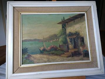 Schilderij Kust aan zicht Huizen planten en de Zee  beschikbaar voor biedingen