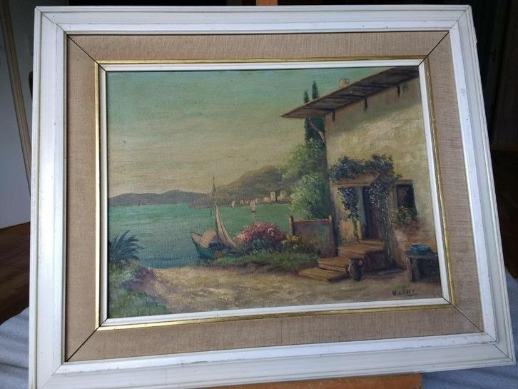 Schilderij Kust aan zicht Huizen planten en de Zee, Antiek en Kunst, Kunst | Schilderijen | Klassiek, Ophalen of Verzenden