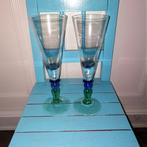 Champagneglazen op blauwgroene bolvoet set van 2, Glas, Overige stijlen, Glas of Glazen, Ophalen of Verzenden