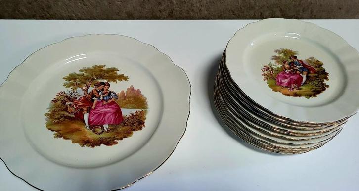 9 Brocante gebaksbordjes en taartschaal, Antiek en Kunst, Antiek | Servies los, Ophalen of Verzenden