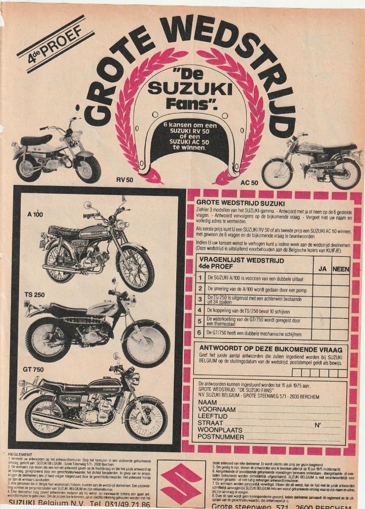 Retro reclame 1975 Suzuki brommer GT750 TS250 A100 AC50, Verzamelen, Retro, Overige typen, Verzenden