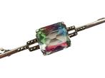 Vintage zilveren staafbroche met regenboogglas en markasiet, Verzenden, Zilver, Broche, Met edelsteen