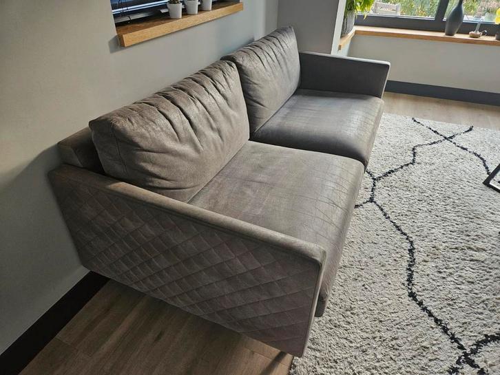2,5 zits bank grijs suede- leer 196x90, Huis en Inrichting, Banken | Complete zithoeken, Gebruikt, Leer, Stof, Ophalen