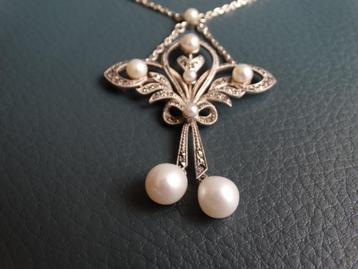 Art nouveau zilveren ketting met parels en markasiet beschikbaar voor biedingen