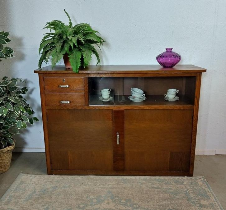 Vintage retro eiken fineer buffetkastje dressoir, Huis en Inrichting, Kasten | Overige, Gebruikt, Ophalen of Verzenden