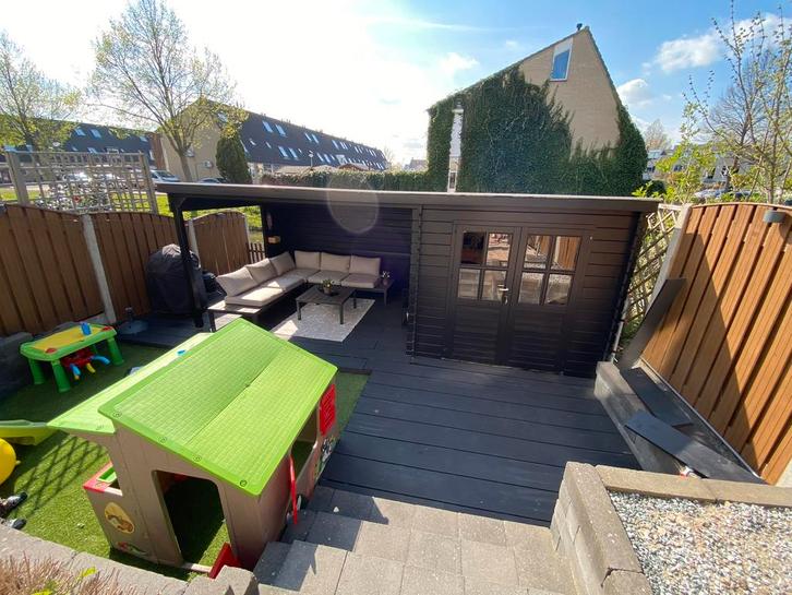 Gratis Overkapping + Schuur (zelf demonteren), Tuin en Terras, Tuinhuizen, Gebruikt, Schuur, Hout, 500 cm of meer, 400 cm of meer