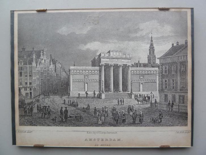 oude prent Amsterdam De Beurs, Antiek en Kunst, Kunst | Etsen en Gravures, Ophalen of Verzenden