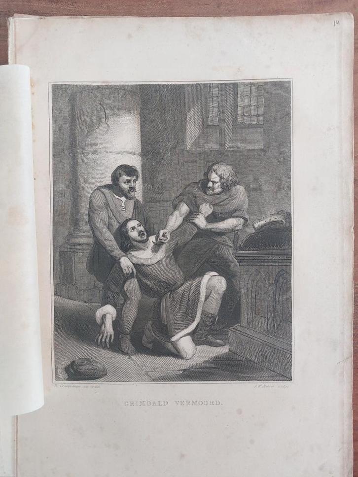 14 / Grimoald vermoord in het jaar 714  - Staalgravure 1841, Antiek en Kunst, Kunst | Etsen en Gravures, Ophalen of Verzenden