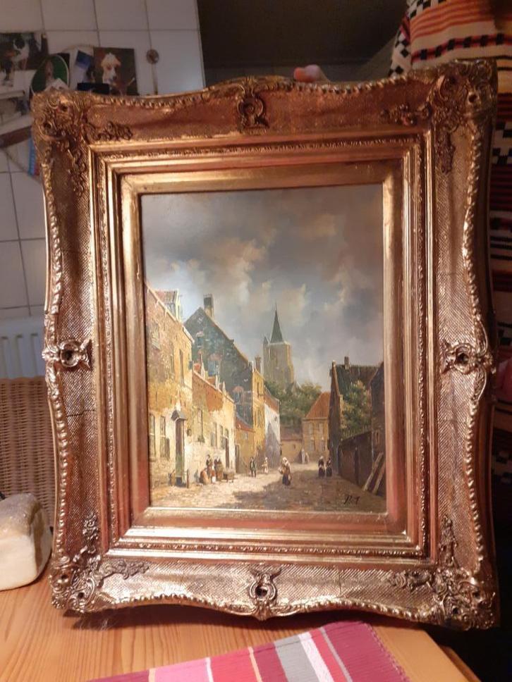 Olieverf/Paneel/Sierlijst Schilderij "Stadsgezicht Gesign RT, Antiek en Kunst, Kunst | Schilderijen | Klassiek, Ophalen of Verzenden