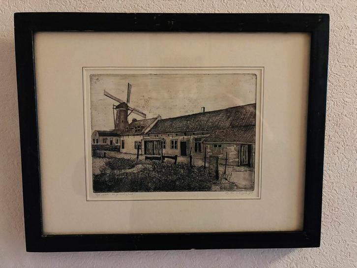 Ets Molen de Gerechtigheid, Katwijk, Antiek en Kunst, Kunst | Etsen en Gravures, Ophalen of Verzenden