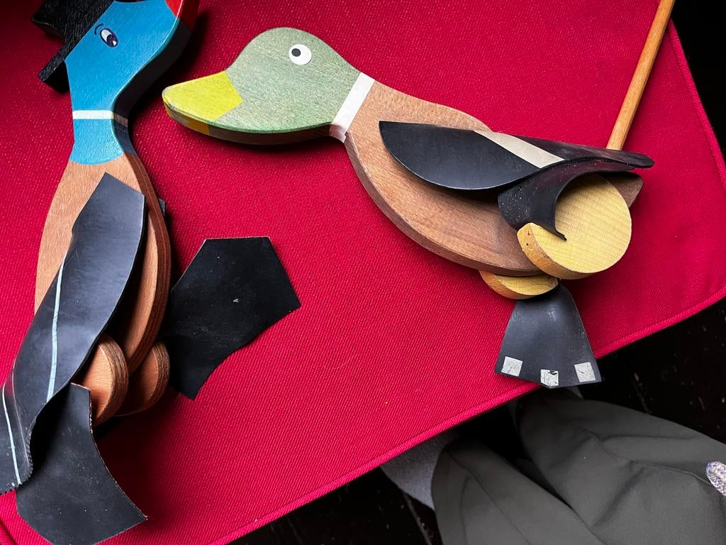 Houten Loop-eend met Verwisselbare Stok, Ophalen, Gebruikt, Duw- of Trekspeelgoed