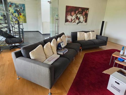 Hoekbank 230 x 150 cm – met stijlvol houten tussenstuk, Huis en Inrichting, Banken | Complete zithoeken, Zo goed als nieuw, Ophalen