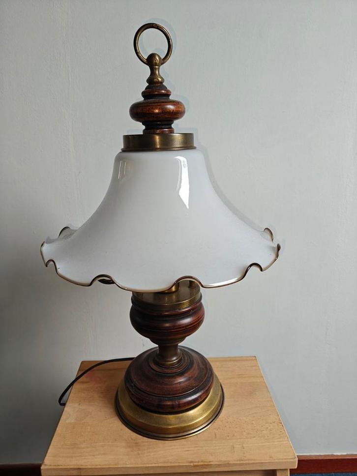 Vintage Tafellamp met Glazen Kap, Huis en Inrichting, Lampen | Vloerlampen, Gebruikt, Minder dan 100 cm, Glas, Hout, Metaal, Ophalen