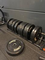 Bumper Plates Set met Rek schijven rubber, Ophalen of Verzenden, Gebruikt, Armen