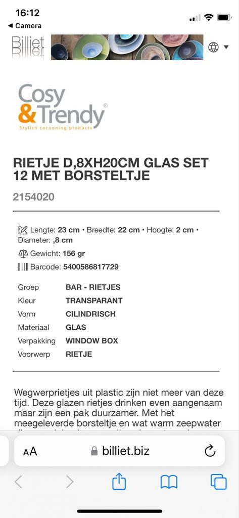 Glazen Rietjes Set - 12 stuks + Borsteltje, Huis en Inrichting, Keuken | Keukenbenodigdheden, Nieuw, Ophalen of Verzenden