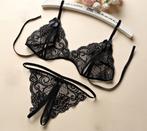 Zwarte kanten BH en string (lingerie dames vrouwen), Verzenden, Zwart, Setje