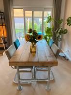 Steigerhout eettafel met 4 ribstoelen, Ophalen, Gebruikt, Blauw, Industrieel, modern