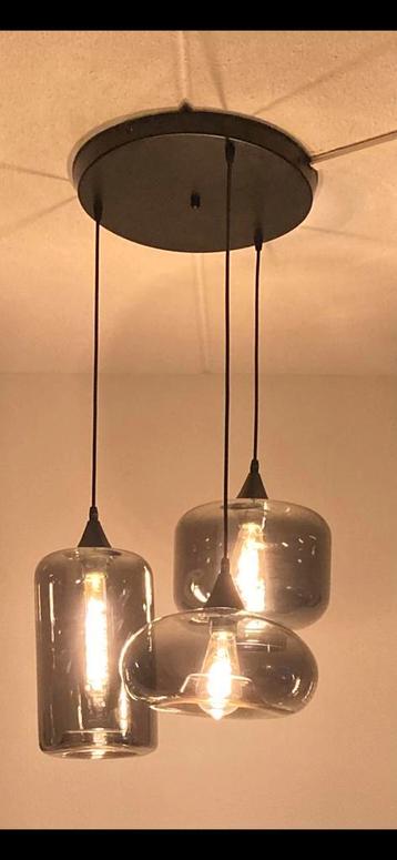 Mooie hanglamp Smoke Glass met 3 kelken + lampen