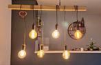 Industriële hanglamp met houten balk & 6 lichtpunten, Huis en Inrichting, Lampen | Hanglampen, Ophalen of Verzenden, Zo goed als nieuw