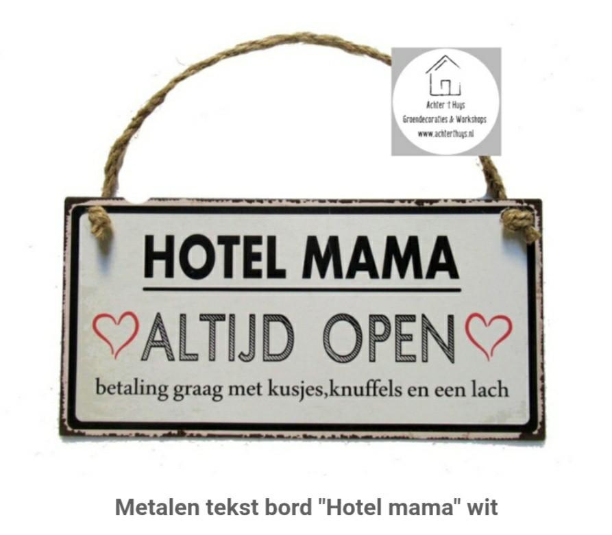 Metalen tekst bord "Hotel mama altijd open" spreuk, Ophalen of Verzenden, Nieuw