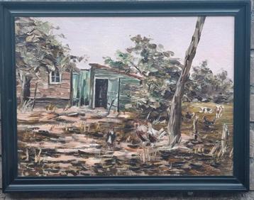 Hoeve met kippen en koeien. Impressionistisch. 44/34 cm. beschikbaar voor biedingen