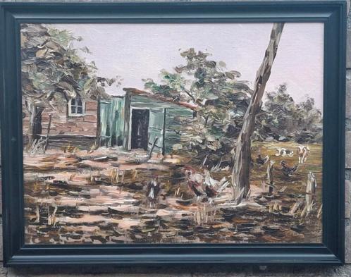 Hoeve met kippen en koeien. Impressionistisch. 44/34 cm., Huis en Inrichting, Woonaccessoires | Schilderijen, Tekeningen en Foto's