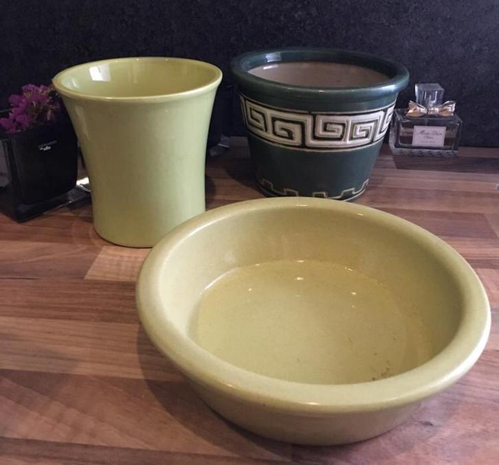 Vintage luxe groen bruin geglazuurde terracotta aardewerk, Tuin en Terras, Bloempotten, Zo goed als nieuw, Terracotta, Binnen