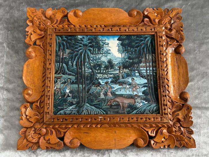 Balinees schilderij met een houten lijst, Antiek en Kunst, Kunst | Niet-Westerse kunst, Ophalen of Verzenden