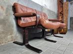 Jaren 60 Deens Design Bank | Cognac Bruine Leren 2-Zits Sofa, Hout, Minder dan 150 cm, Rechte bank, Gebruikt