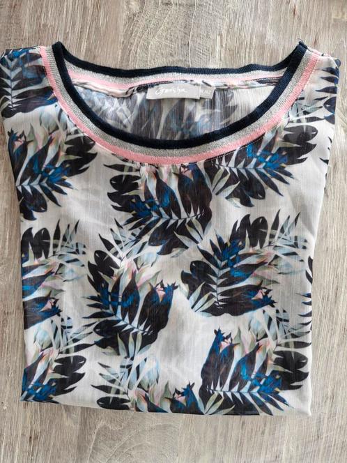 GEISHA TOP SHIRT BLOUSE XL 42 44 blauw creme roze korte mouw, Kleding | Dames, T-shirts, Zo goed als nieuw, Maat 42/44 (L), Blauw
