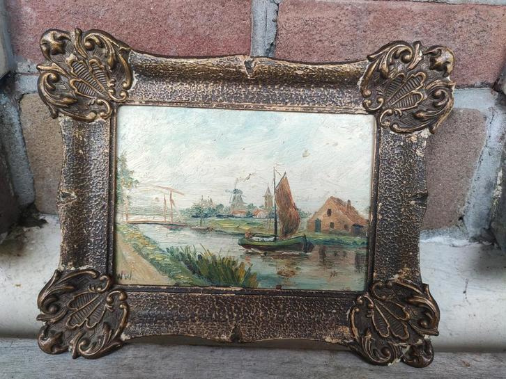 Olieverfschilderij waterlandschap gesigneerd. WD-18., Antiek en Kunst, Kunst | Schilderijen | Klassiek, Ophalen of Verzenden