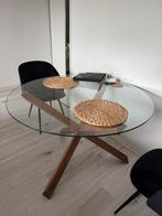 Eettafel AGERBY Ø119 cm – gehard glas, massief eiken, Ophalen, 200 cm of meer, 50 tot 100 cm, 75 cm of meer