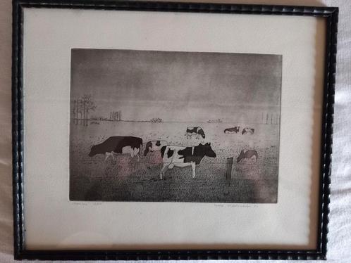 Ets lucie meulendijks getiteld koeien, met koeien in weiland, Antiek en Kunst, Kunst | Etsen en Gravures, Ophalen of Verzenden