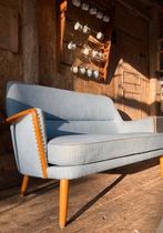 Vintage 1950 strak Scandinavisch Zweeds design blauw bankje, Ophalen, Minder dan 75 cm, Tweepersoons, Zo goed als nieuw
