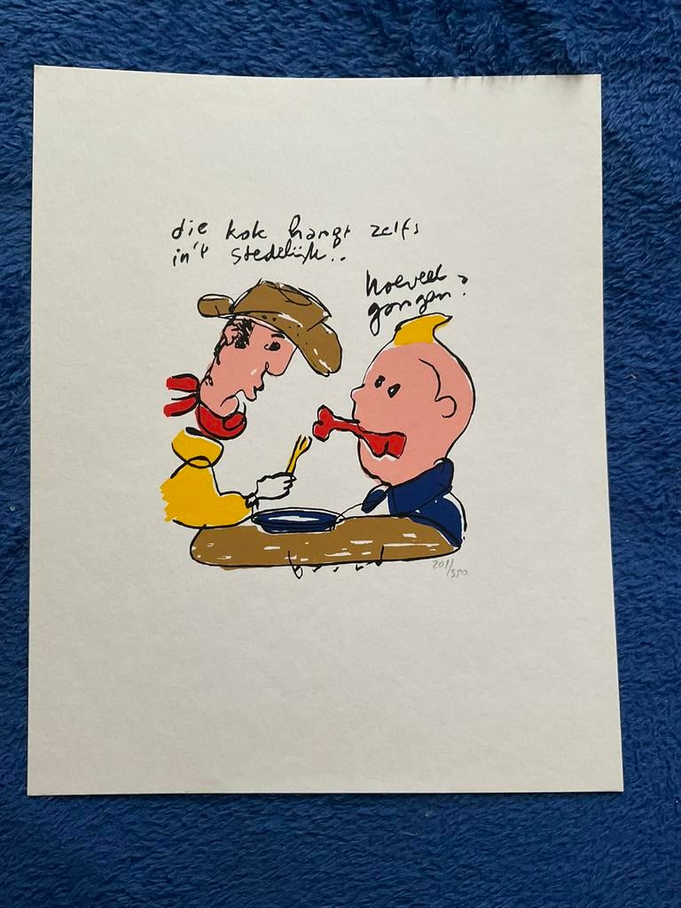Zeefdruk  kuifje en lucky luck, Antiek en Kunst, Kunst | Litho's en Zeefdrukken, Ophalen of Verzenden