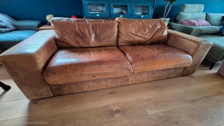 Leren bruine driezitsbank, Huis en Inrichting, Banken | Bankstellen, Gebruikt, Rechte bank, Driepersoons, 200 tot 250 cm, 75 tot 100 cm