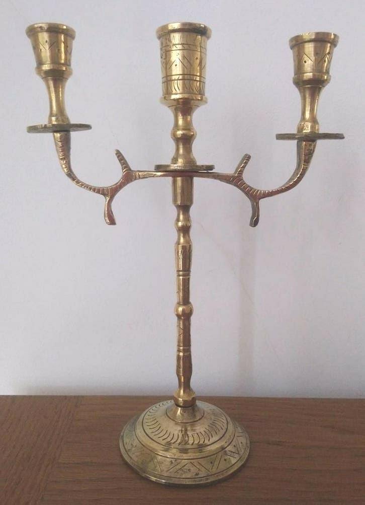 Kandelaar 3-armig brons bewerkt 25 cm hoog, Ophalen of Verzenden, Koper of Brons