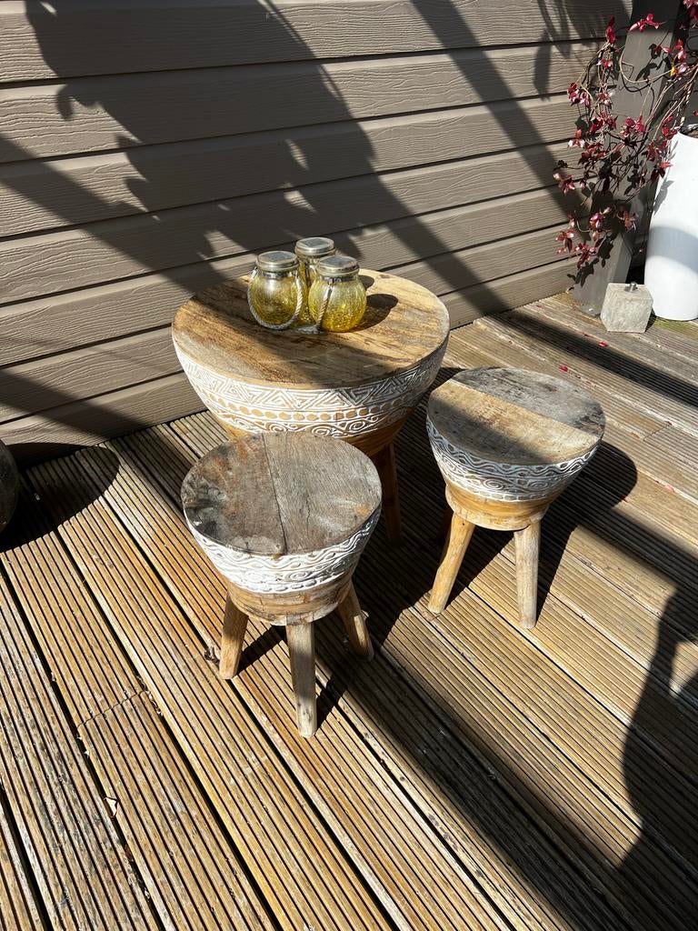 Rustieke Ibiza set: tafel met 4 krukjes van echt hout, Gebruikt, Rond, 55 tot 75 cm, Hout