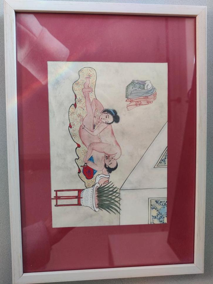 Erotische Chinese miniatuur tekening in lijst, Antiek en Kunst, Kunst | Niet-Westerse kunst, Ophalen of Verzenden