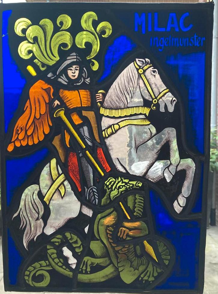Fraai glas in lood Sint Joris en de Draak Milac Ingelmunster, Antiek en Kunst, Curiosa en Brocante, Verzenden