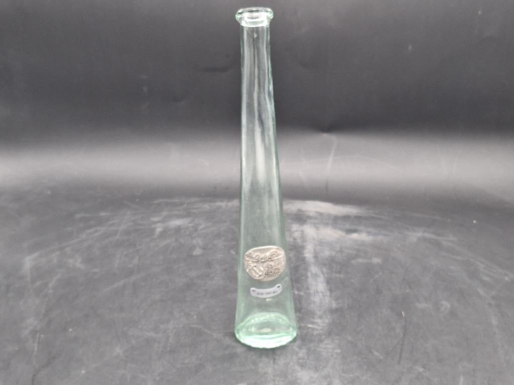 oude glazen fles met tinnen plaatje, jaren 80, Ophalen of Verzenden