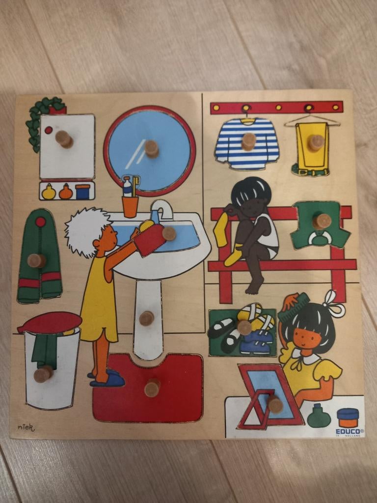 Educo vintage houten puzzel badkamer afbeelding, Ophalen of Verzenden, Meer dan 50 stukjes