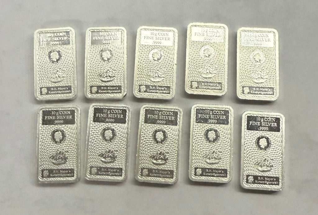 10x 10 gram zver Cookisland / Heimerle en Muele 999 zilver, Postzegels en Munten, Edelmetalen en Baren, Ophalen of Verzenden, Zilver