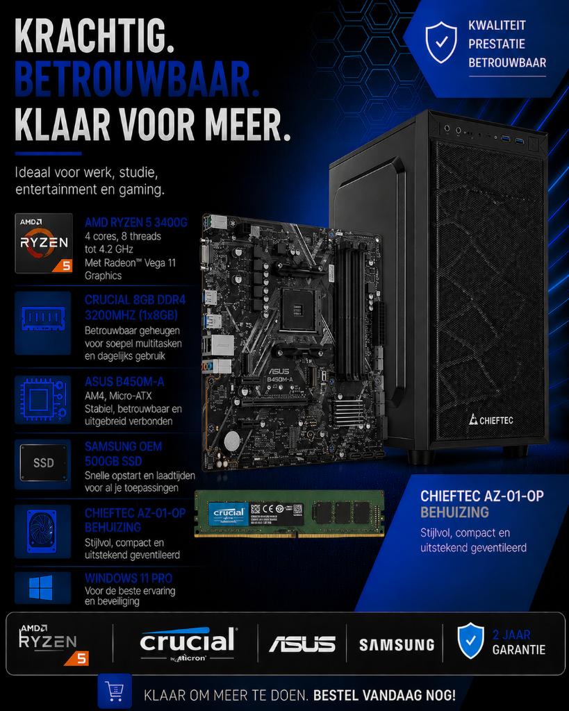 Nieuwe PC AMD 3400G 4c/8GB/500GB NVME/Win 11/2j Gar., -, Zelfgebouwde PC, 8 GB, -