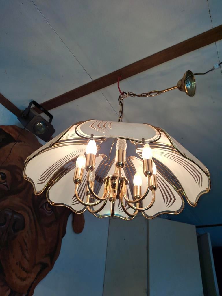 Hanglamp goud/wit Rond 60 cm, Ophalen, Glas, 50 tot 75 cm