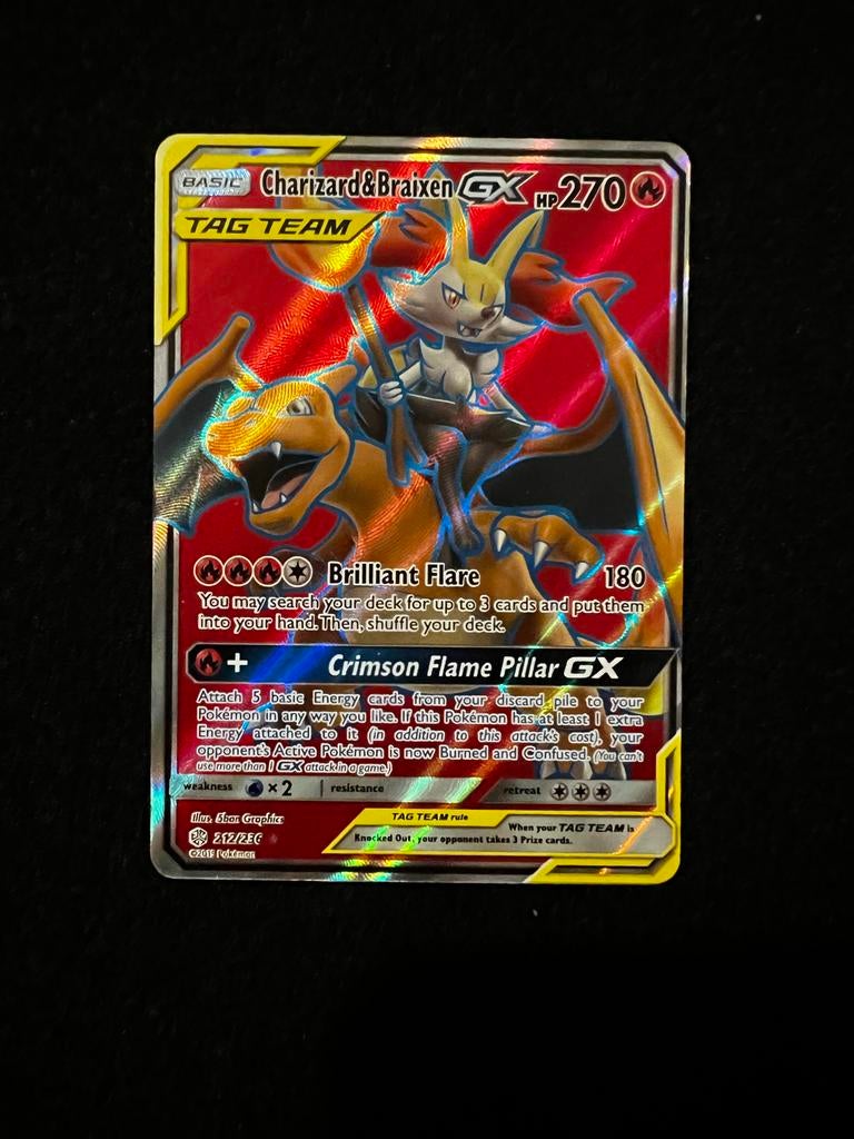 Charizard & Braixen GX Pokémon kaart - excellent, Ophalen of Verzenden, Zo goed als nieuw, Losse kaart, Foil