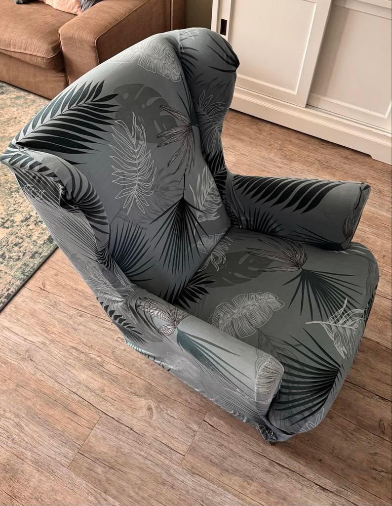 Ikea Strandmon fauteuil met tropische print van hoes, Huis en Inrichting, Ophalen, Gebruikt, Stof, 75 tot 100 cm